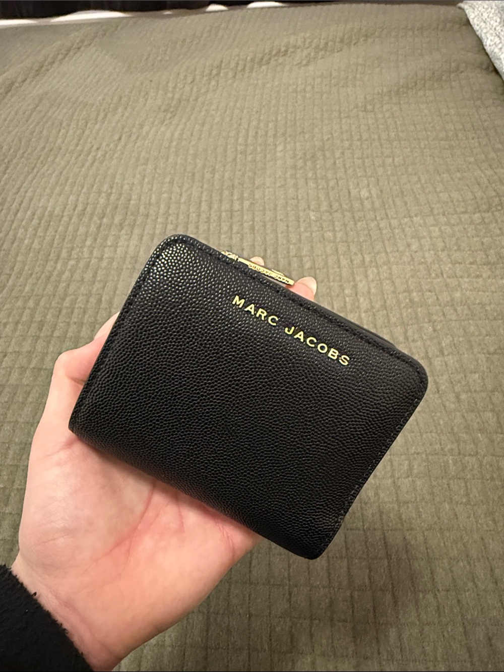 Marc Jacobs Black Pebbled Leather Zip Wallet with Gold Logo